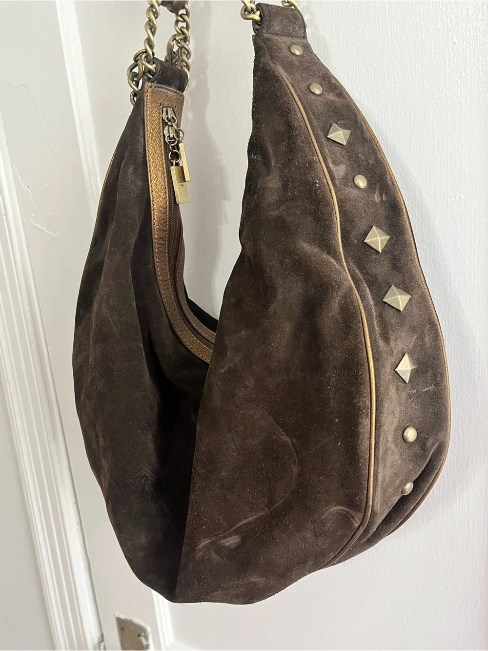 Vintage Donald J. Pliner Brown Suede Studded Hobo Bag Y2K